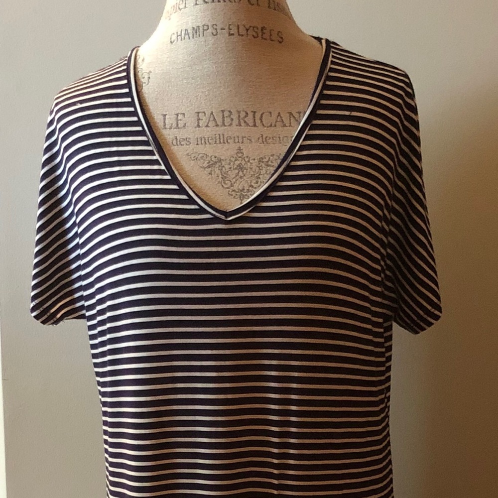 Long navy blue and white striped maxi dress